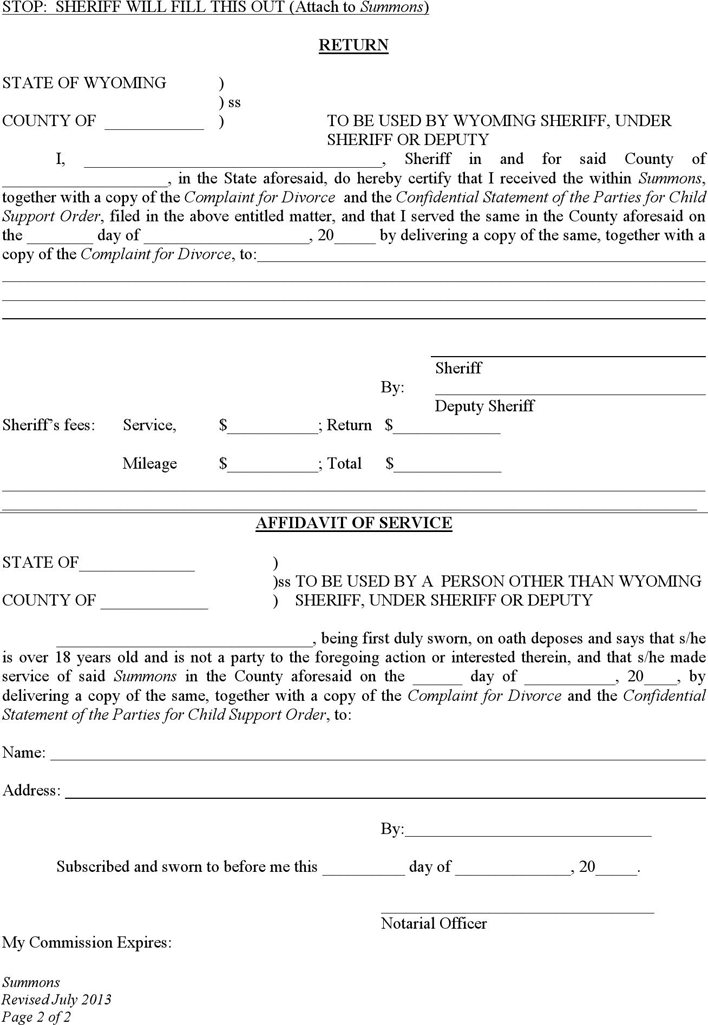 Wyoming Summons (with Children) Form Page 2