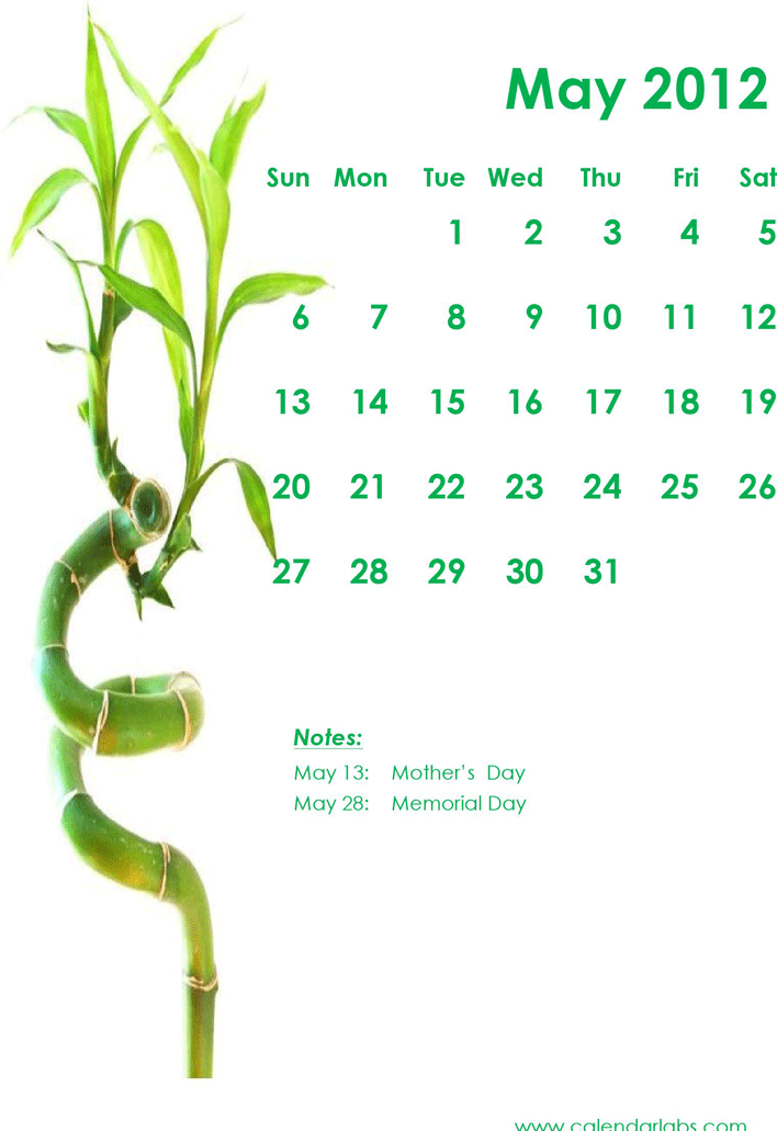 2012 Monthly Green Bamboo Calendar Template Page 5