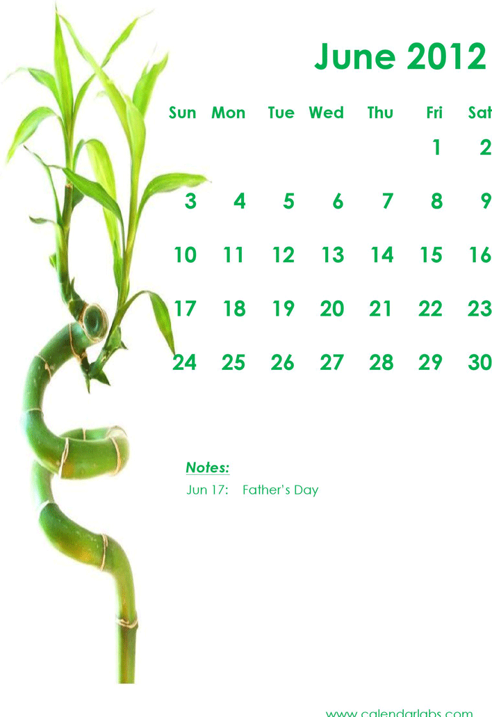 2012 Monthly Green Bamboo Calendar Template Page 6