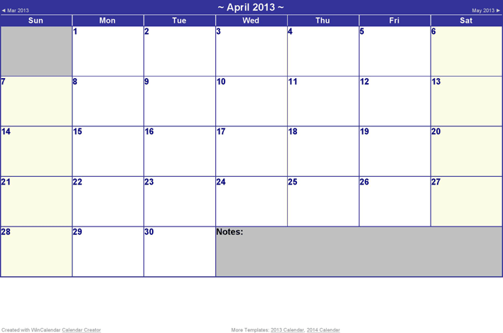 2013 Calendar Template Page 4