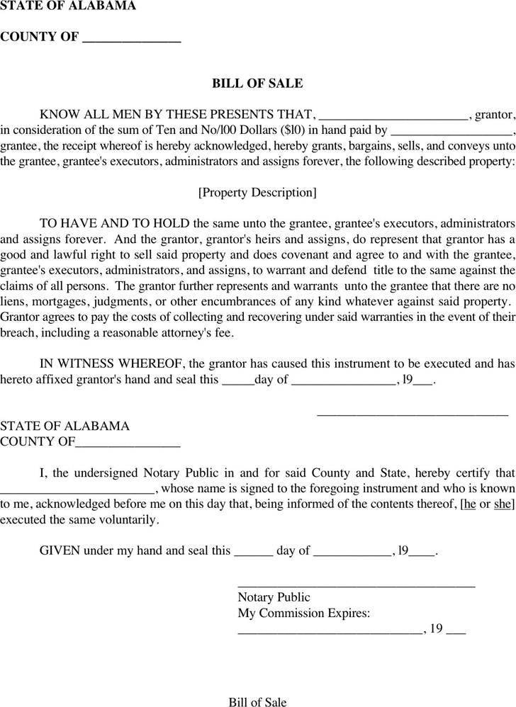 Bill Of Sale Form Alabama