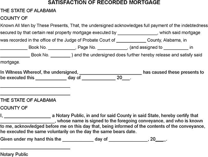 Alabama Satisfaction of Mortgage Form