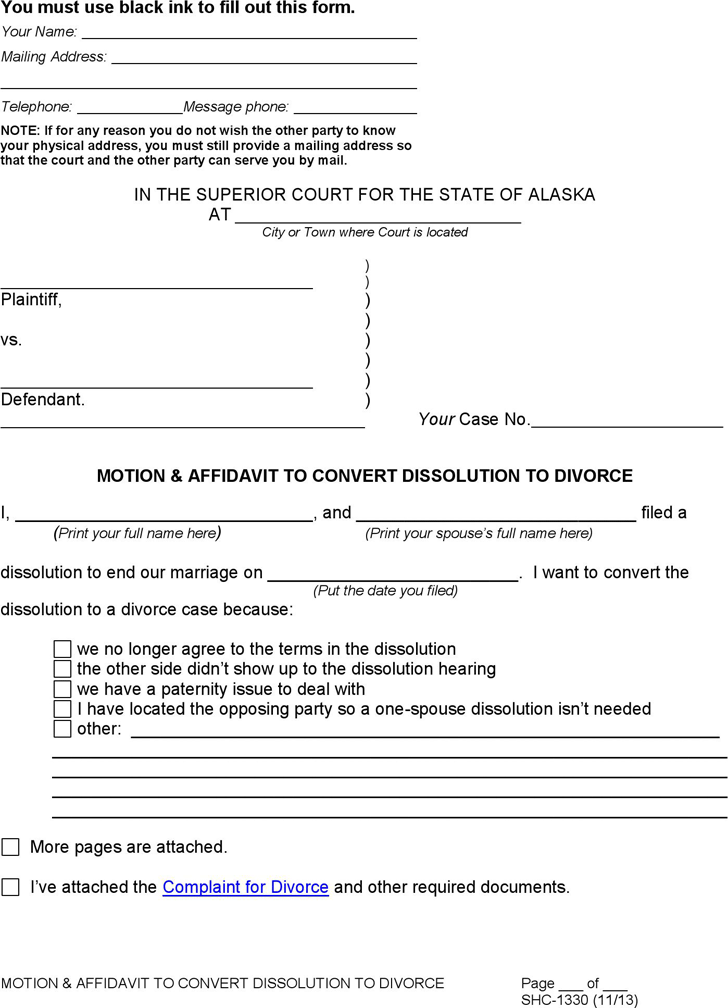 Alaska Motion & Affidavit to Convert Dissolution to Divorce