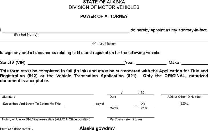 Alaska Motor Vehicle Power of Attorney Form