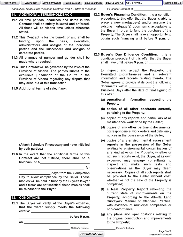 Alberta Agricultural Real Estate Purchase Contract Form Page 5