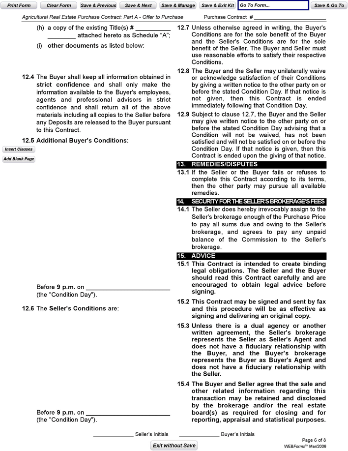 Alberta Agricultural Real Estate Purchase Contract Form Page 6