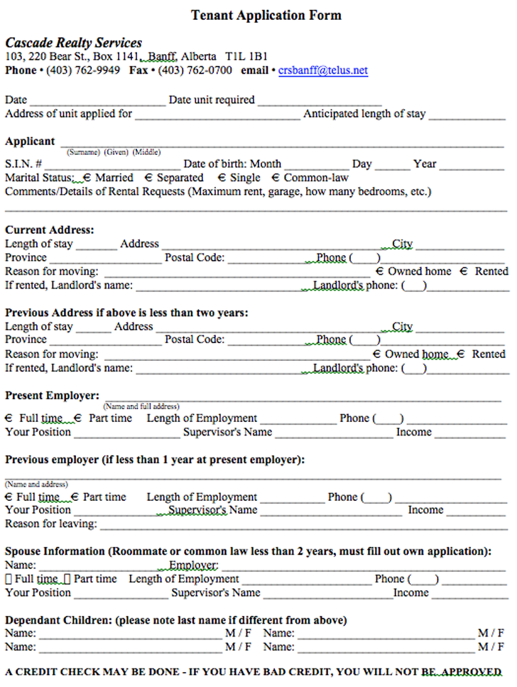 free alberta tenant application form doc 37kb 2 page s