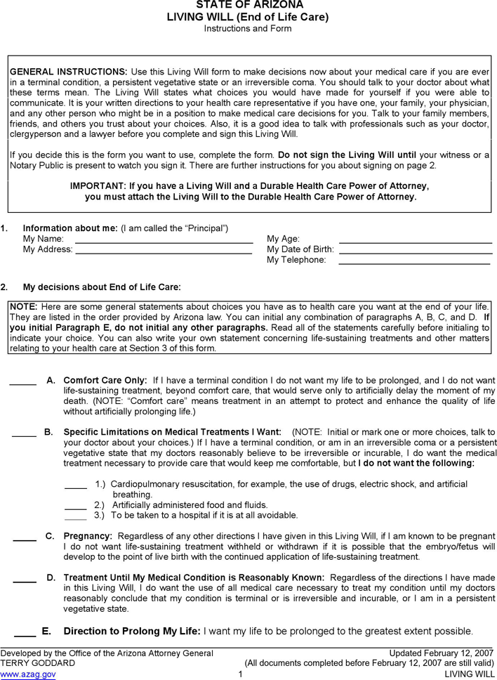 Arizona Advance Health Care Directive Form 2 Page 5