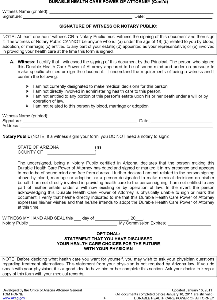 Arizona Health Care Power of Attorney Form Page 4