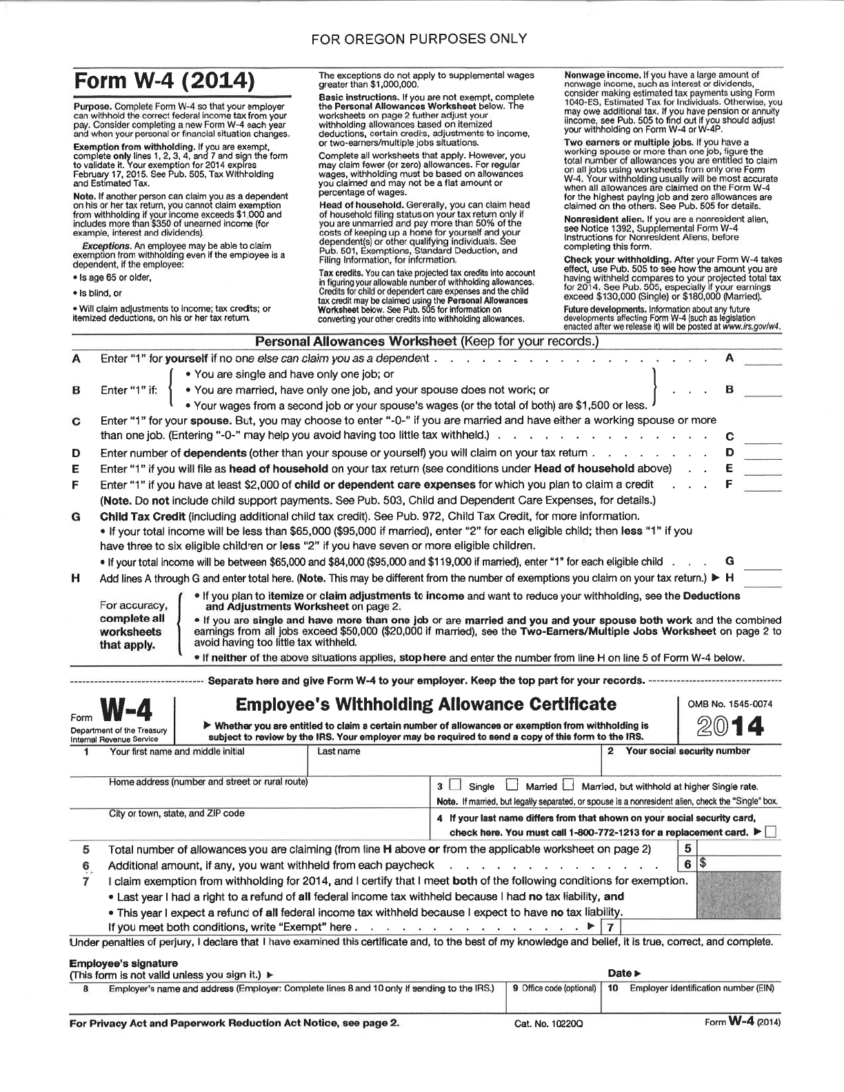 Free Oregon Form W4 (2014) PDF 341KB 1 Page(s)