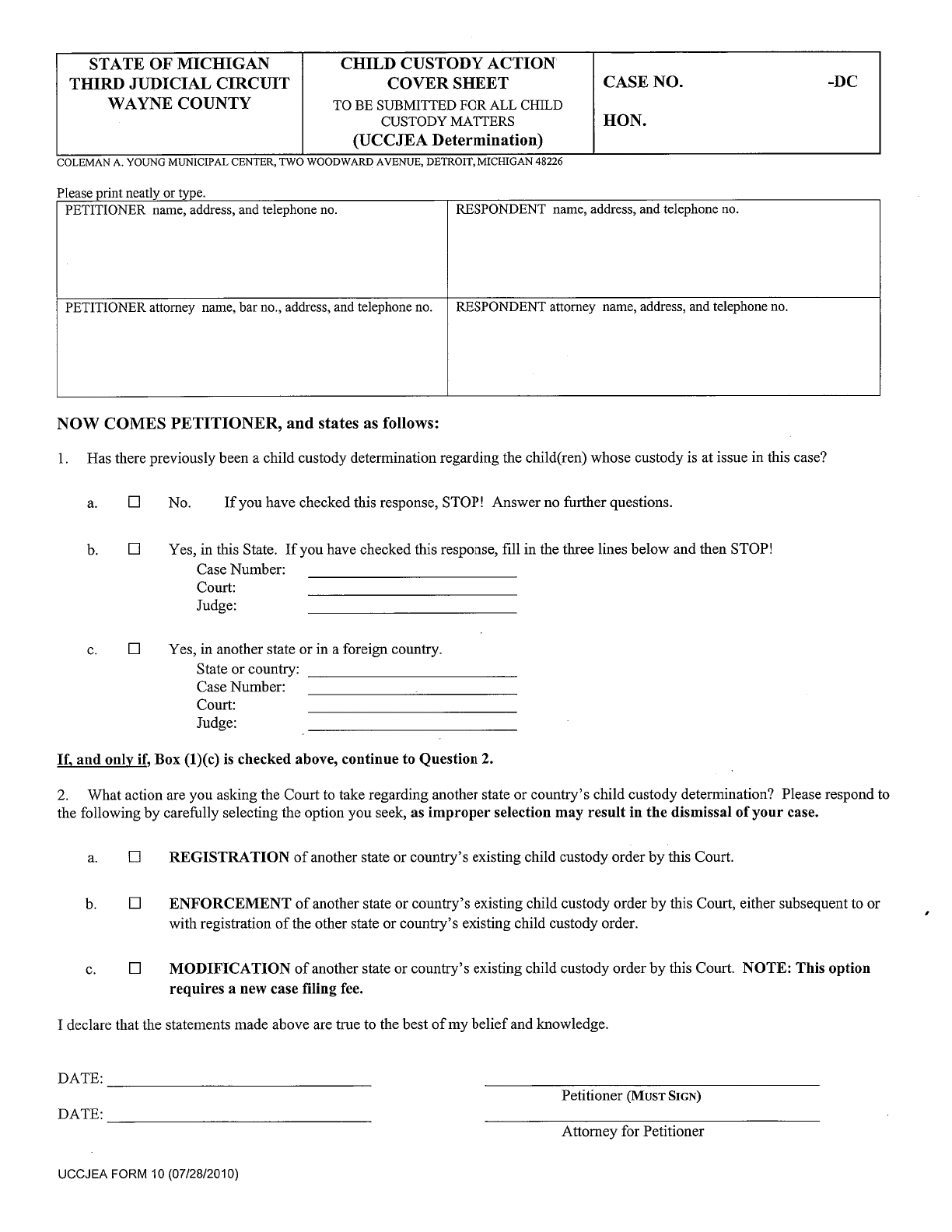 Free Michigan Child Custody Form PDF 44KB 1 Page(s)