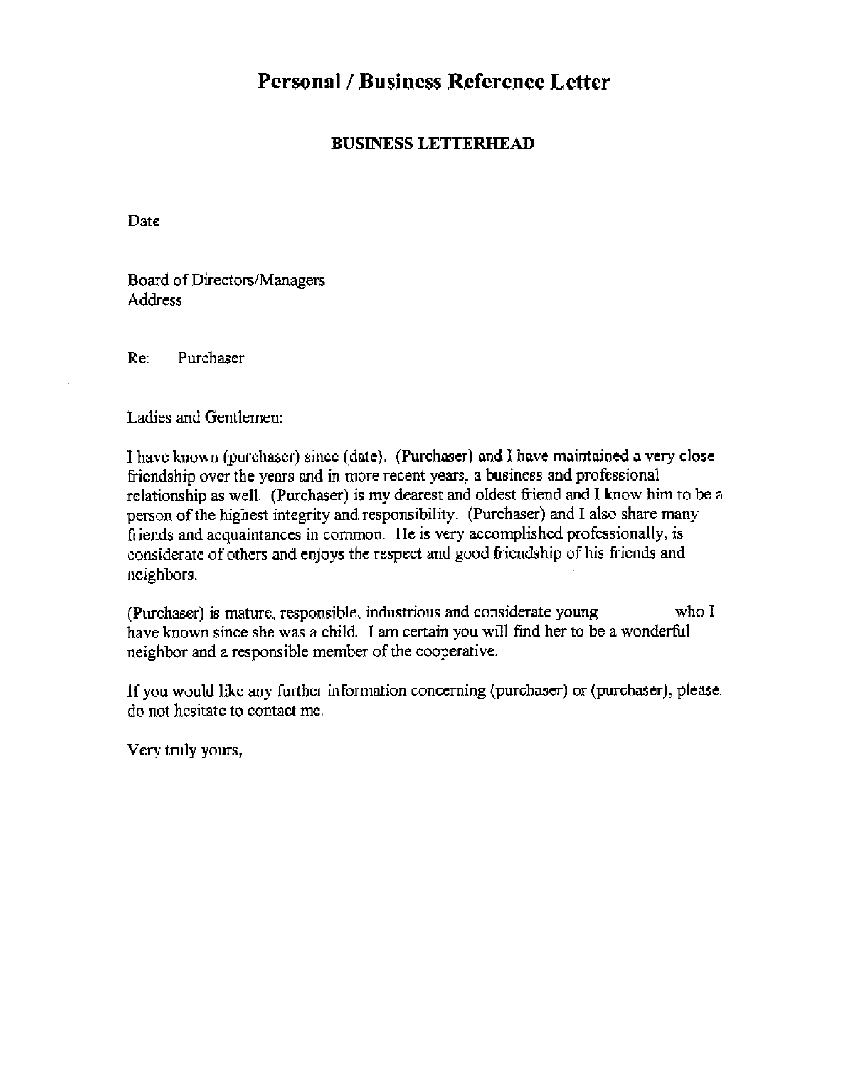 Personal Reference Letter