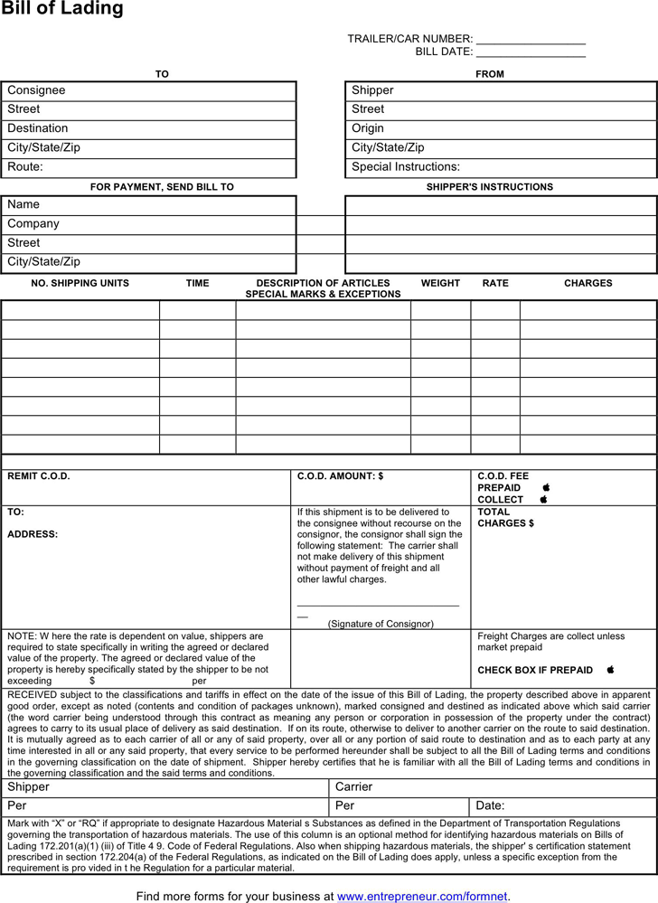 Free Bill Of Lading Form Doc 46kb 1 Page S