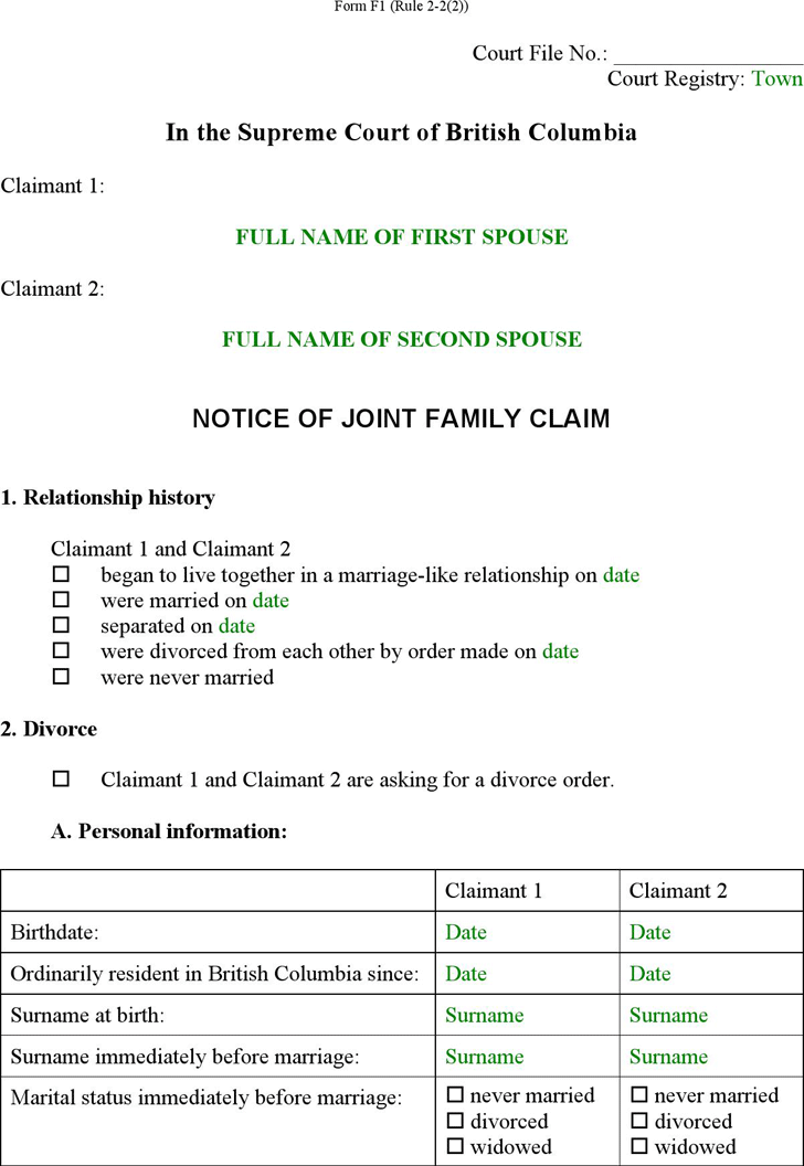 British Columbia Notice of Joint Family Claim Form