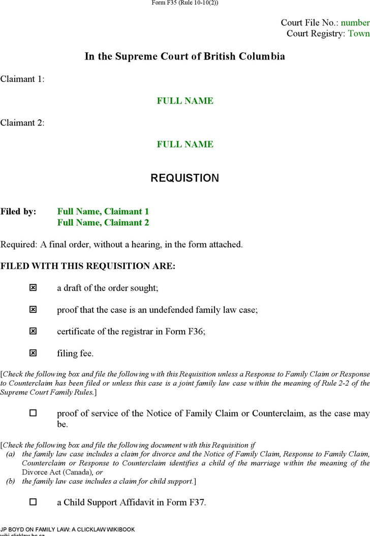 British Columbia Requisition (Joint Claim for Divorce) Form