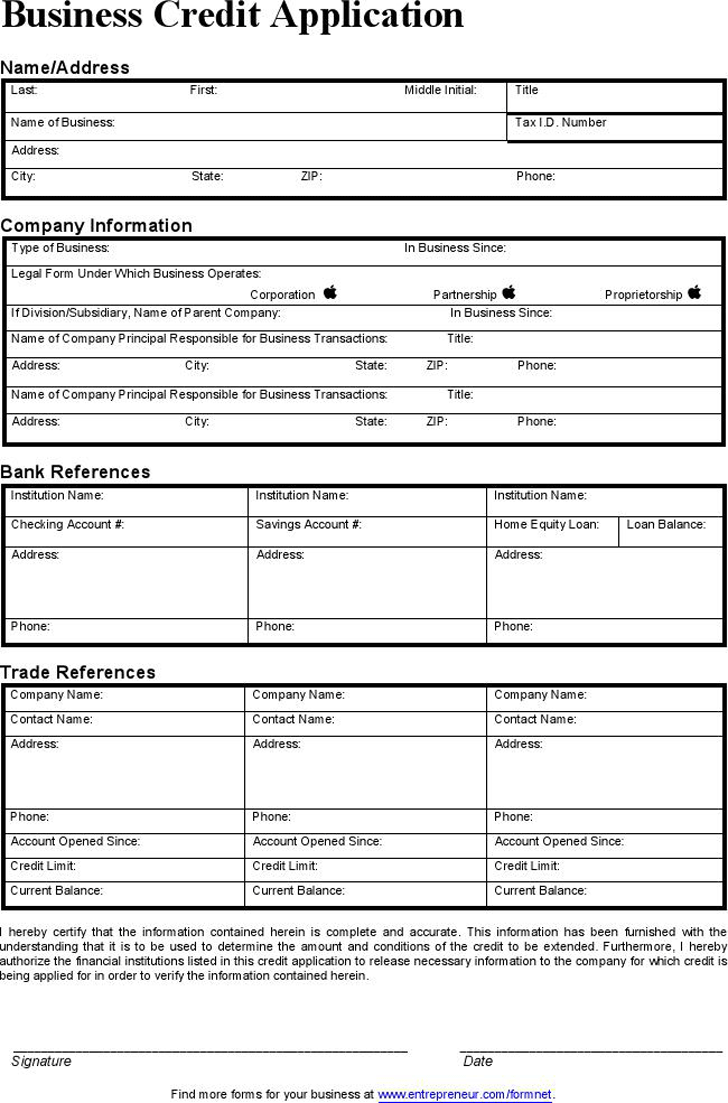 Printable Free Business Credit Application Template Word