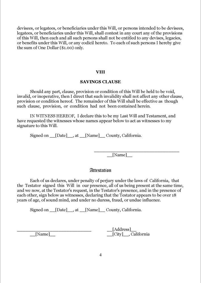 California Last Will And Testament Form 1 Page 4