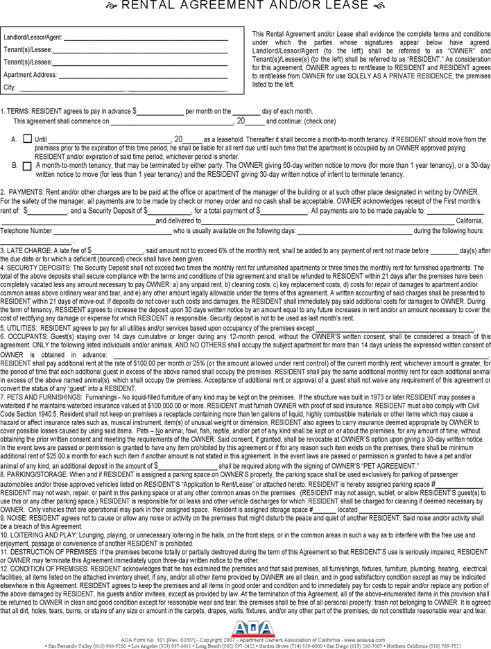 free california residential lease agreement 1 year pdf 146kb 3 page s