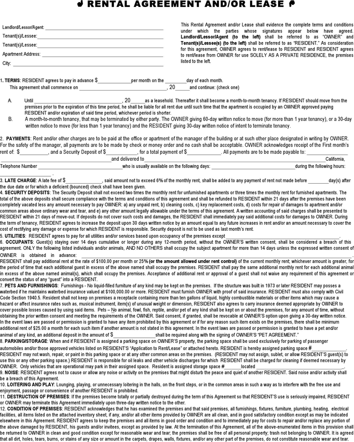 free california residential lease agreement doc 259kb 3 page s