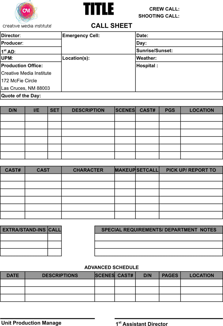 Free Call Sheet Template xls 138KB 2 Page(s)