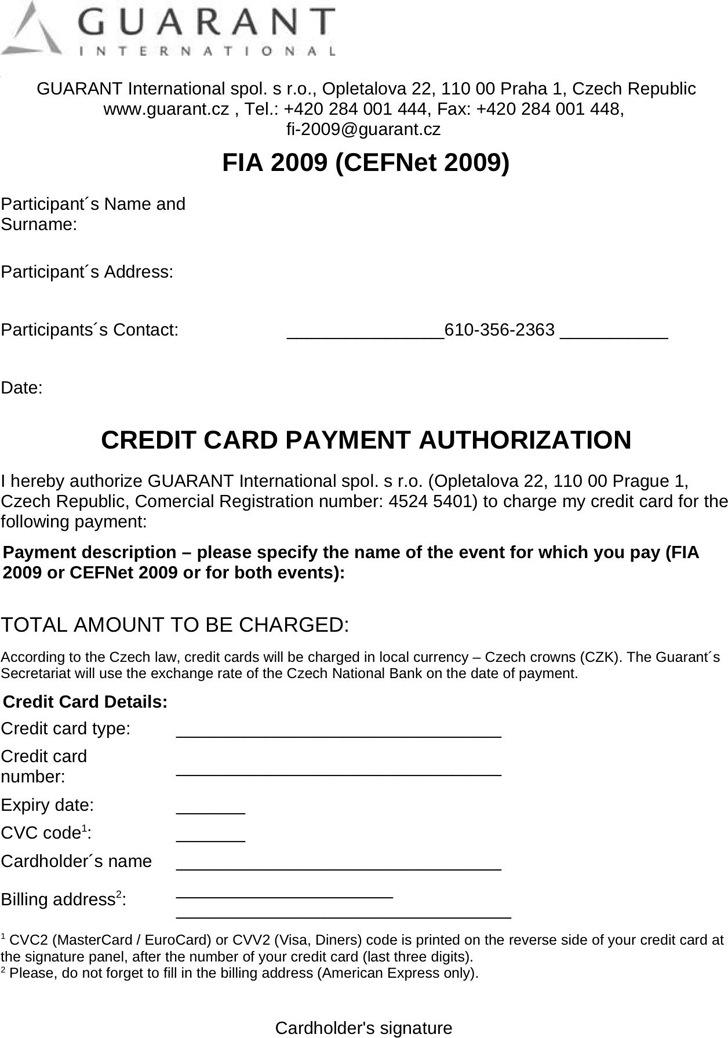 Free Credit Card Payment Authorization Template Pdf 42kb 1 Page S