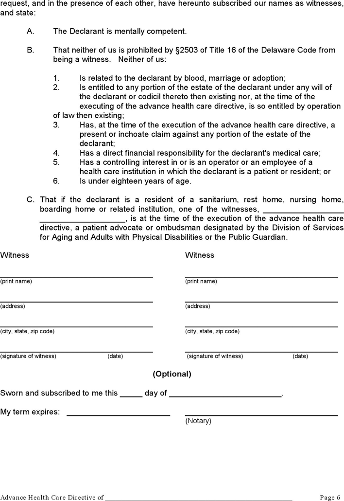 Delaware Advance Health Care Directive Form 2 Page 6