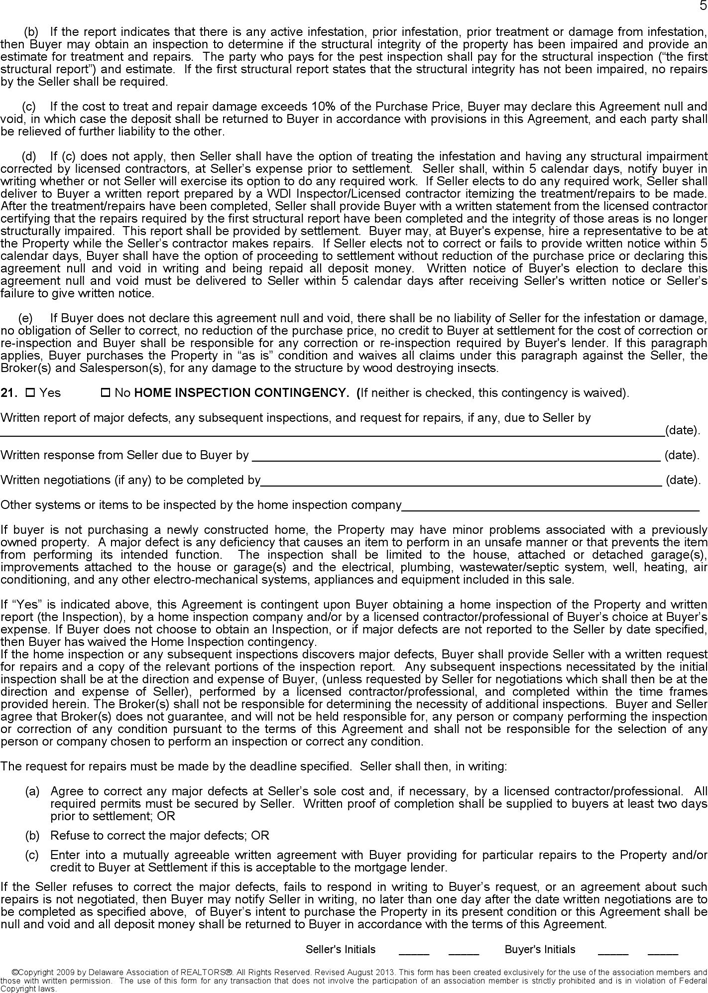 Delaware Agreement of Sale for Residential Property Form Page 5