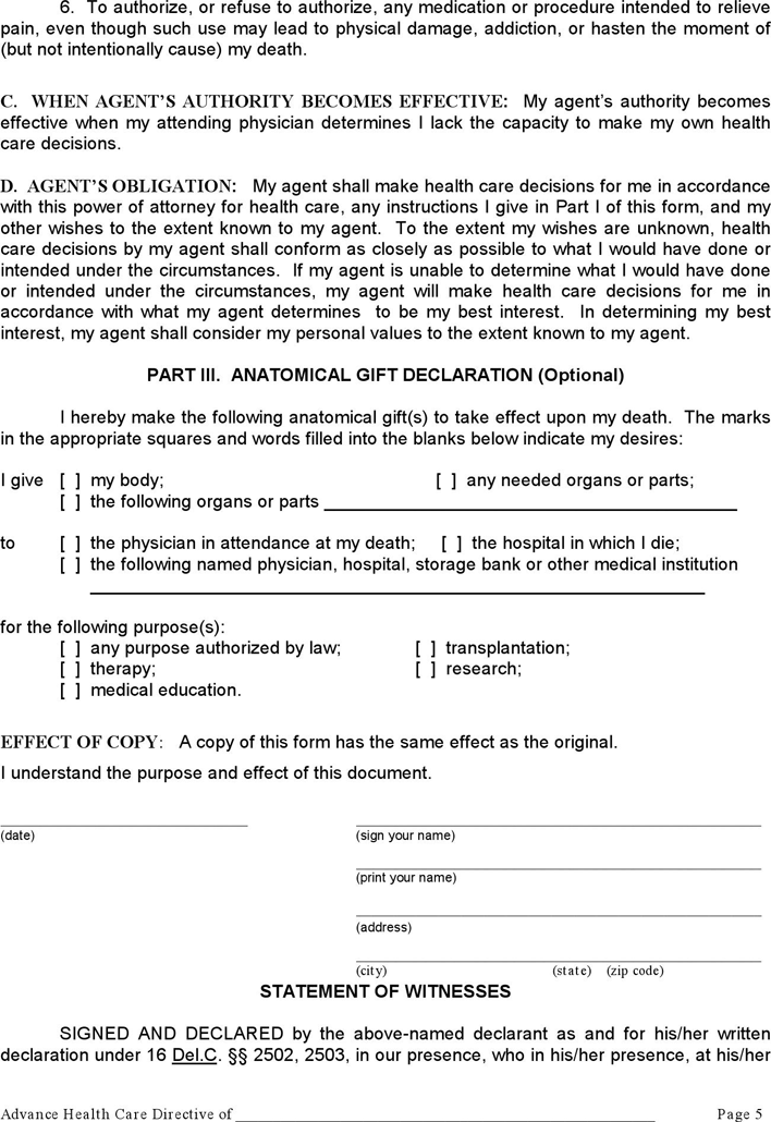 Delaware Health Care Power of Attorney Form Page 5