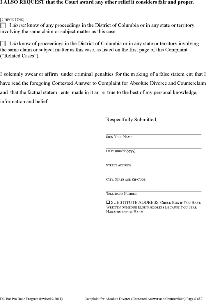 District of Columbia Contested Answer to Complaint for Absolute Divorce and Counterclaim Form Page 6