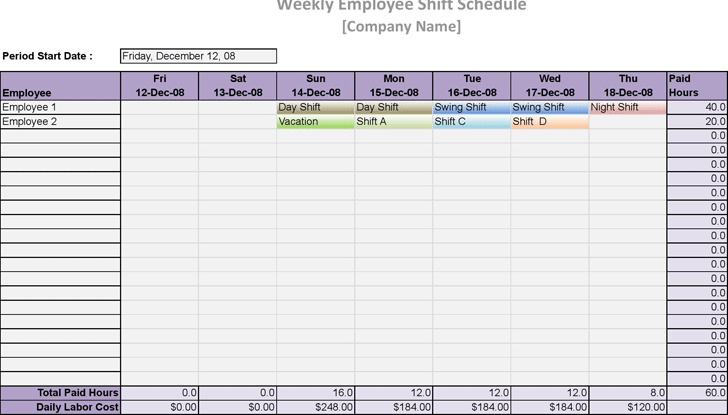 printable employee work schedule template