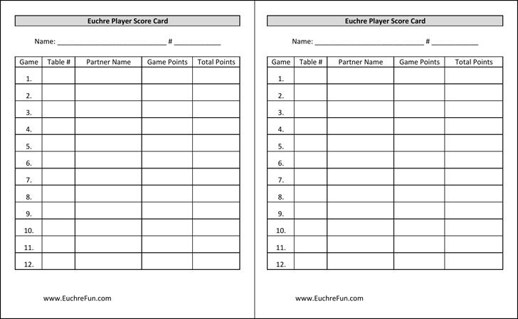 Euchre Score Cards For 12 Players