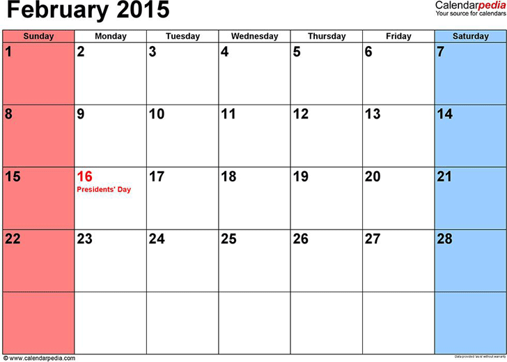 Free February 15 Calendar Pdf 179kb 1 Page S