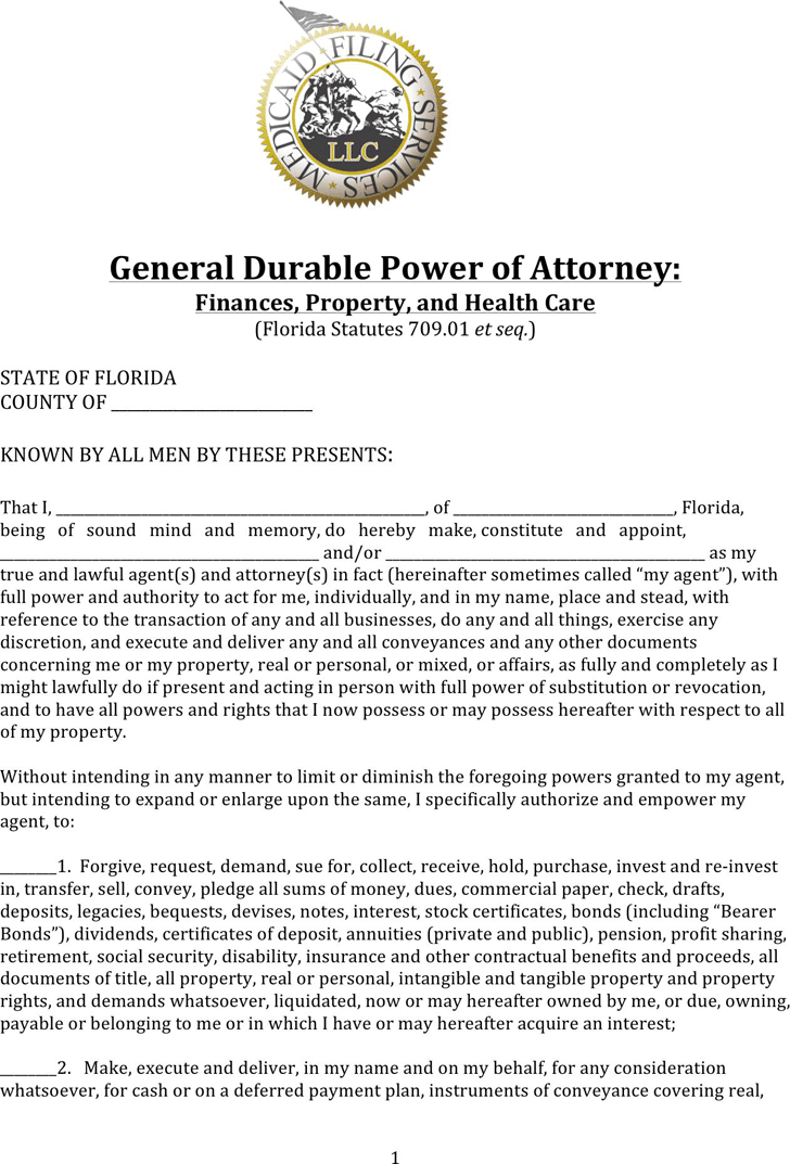 Florida Durable Power of Attorney Form For Finances, Property And Health Care
