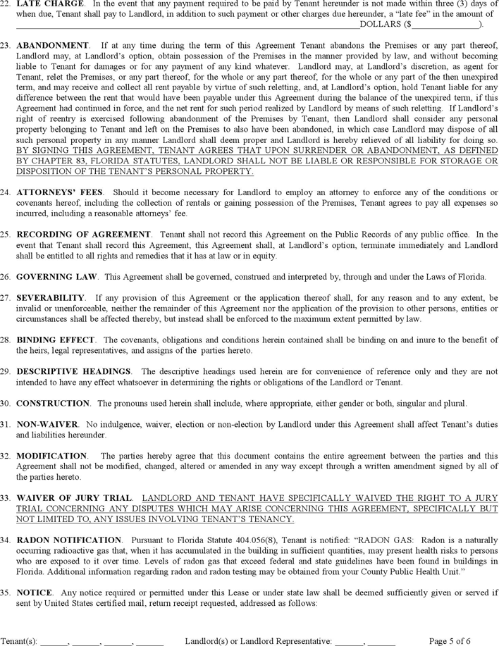 Florida Month to Month Lease Agreement Page 5