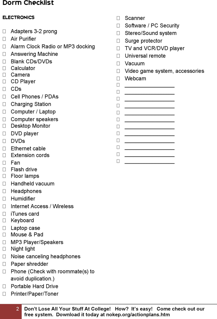 Full Dorm Checklist Page 2