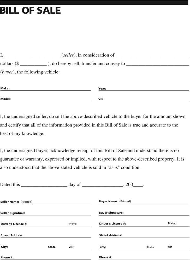 General Vehicle Bill of Sale Form