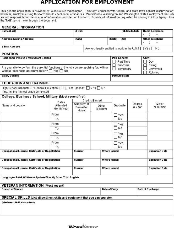 printable generic application for employment