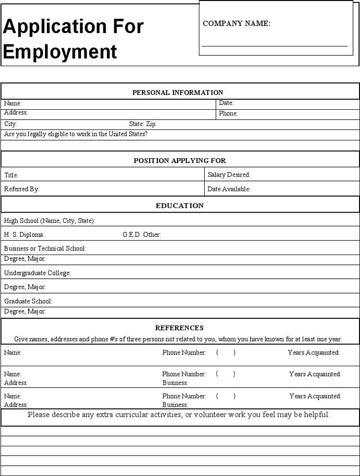 Printable Generic Application For Employment 7824