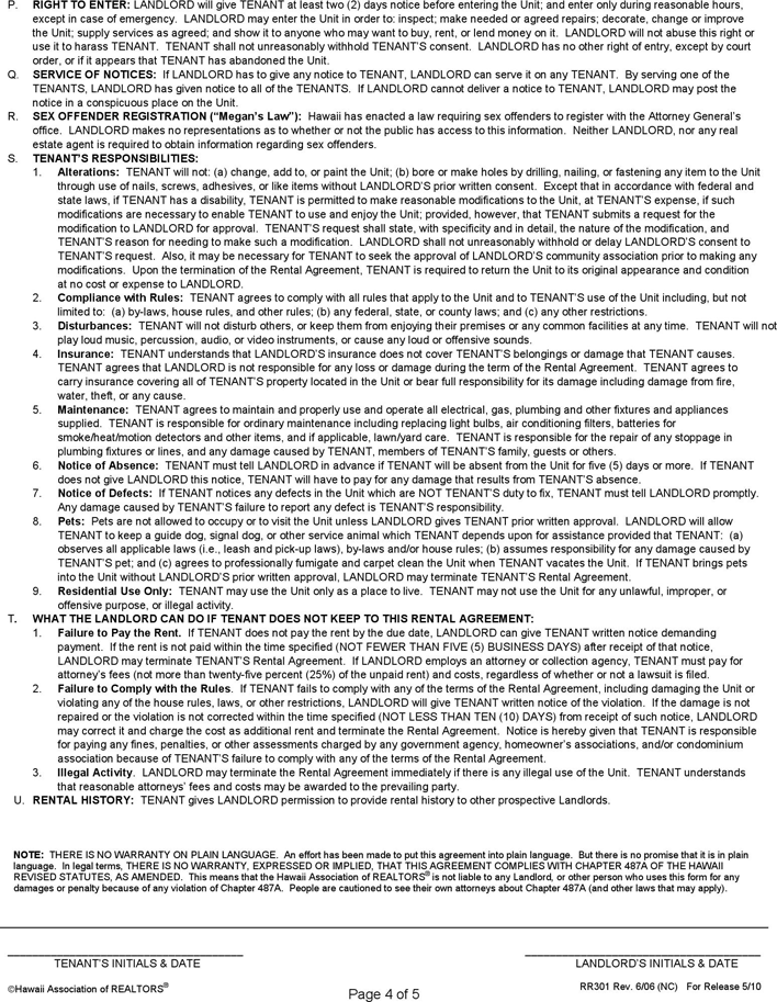 Hawaii Residential Lease Agreement Form Page 4