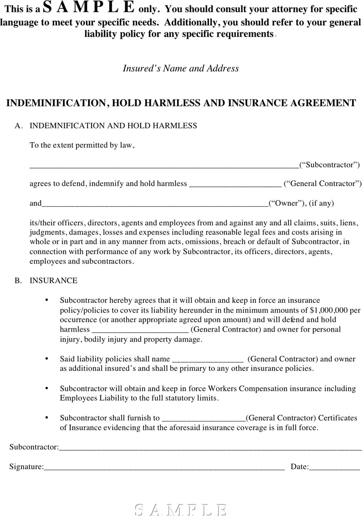 Hold Harmless Agreement Sample 1