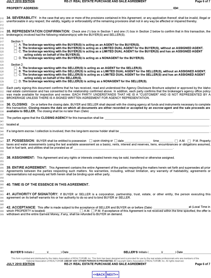 Idaho Real Estate Purchase and Sale Agreement Form Page 6