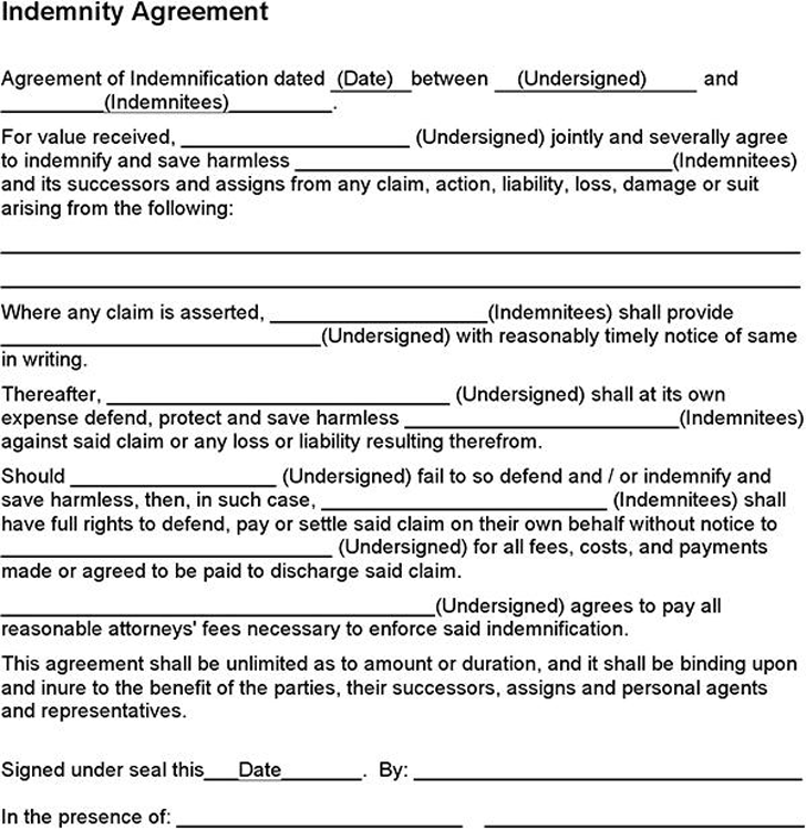 Free Indemnity Agreement Doc 26kb 1 Pages 0444