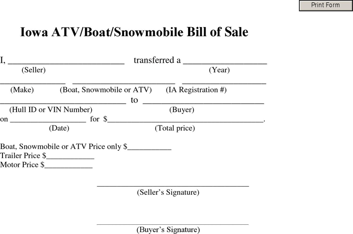Iowa Bill of Sale for ATV | Boat | Snowmobile