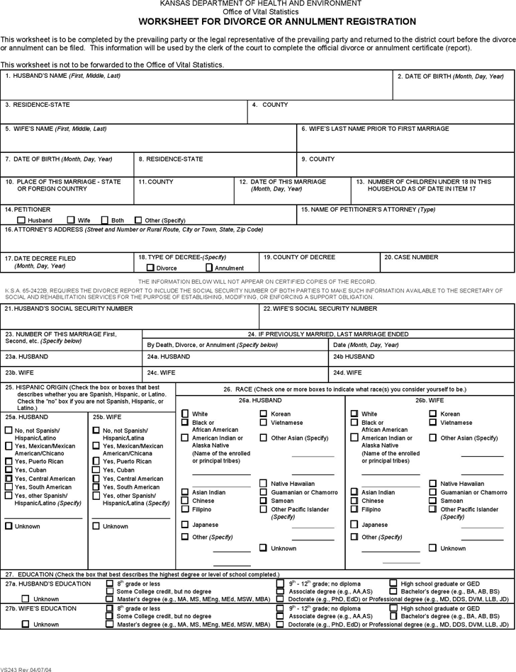 Kansas Worksheet for Divorce or Annulment Registration Form