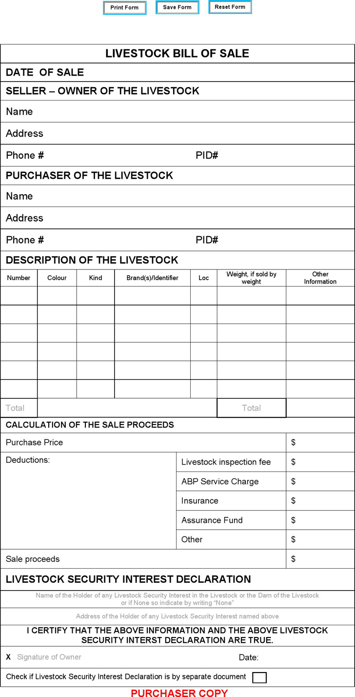 Bill Of Sale For Cattle Template