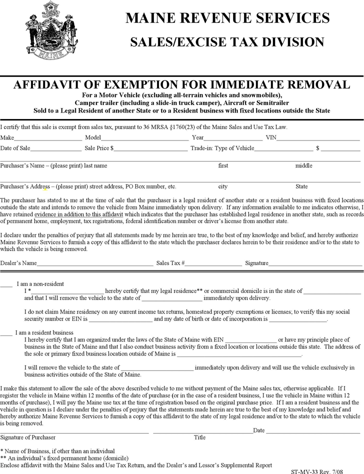 Free Maine Affidavit Of Exemption For Immediate Removal Form Pdf 