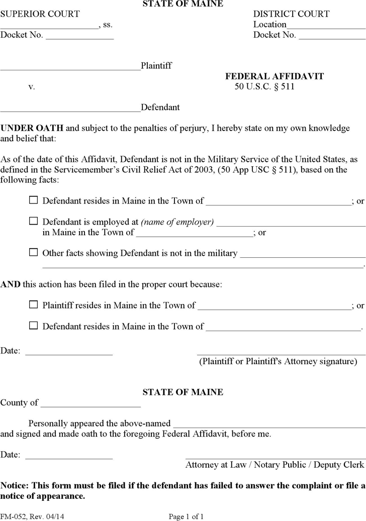 Free Maine Federal Affidavit Form PDF 91KB 1 Page(s)