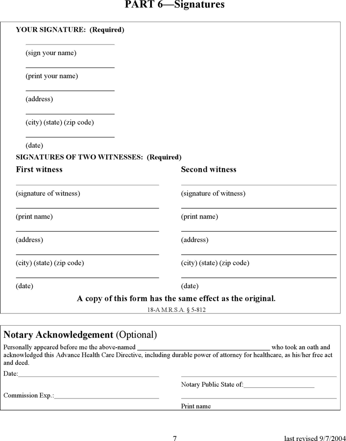 Maine Health Care Power of Attorney Form 2 Page 7