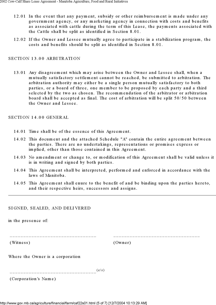 Manitoba Cow-Calf Share Lease Agreement Form Page 5