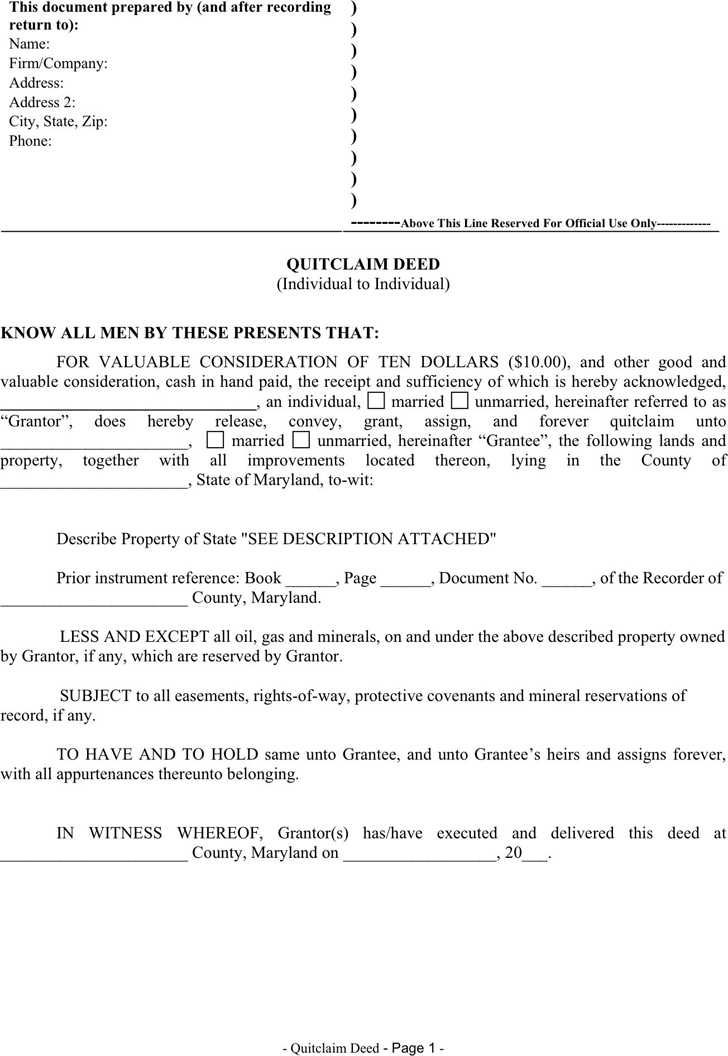 Free Maryland Quitclaim Deed Form PDF 25KB 3 Page s 
